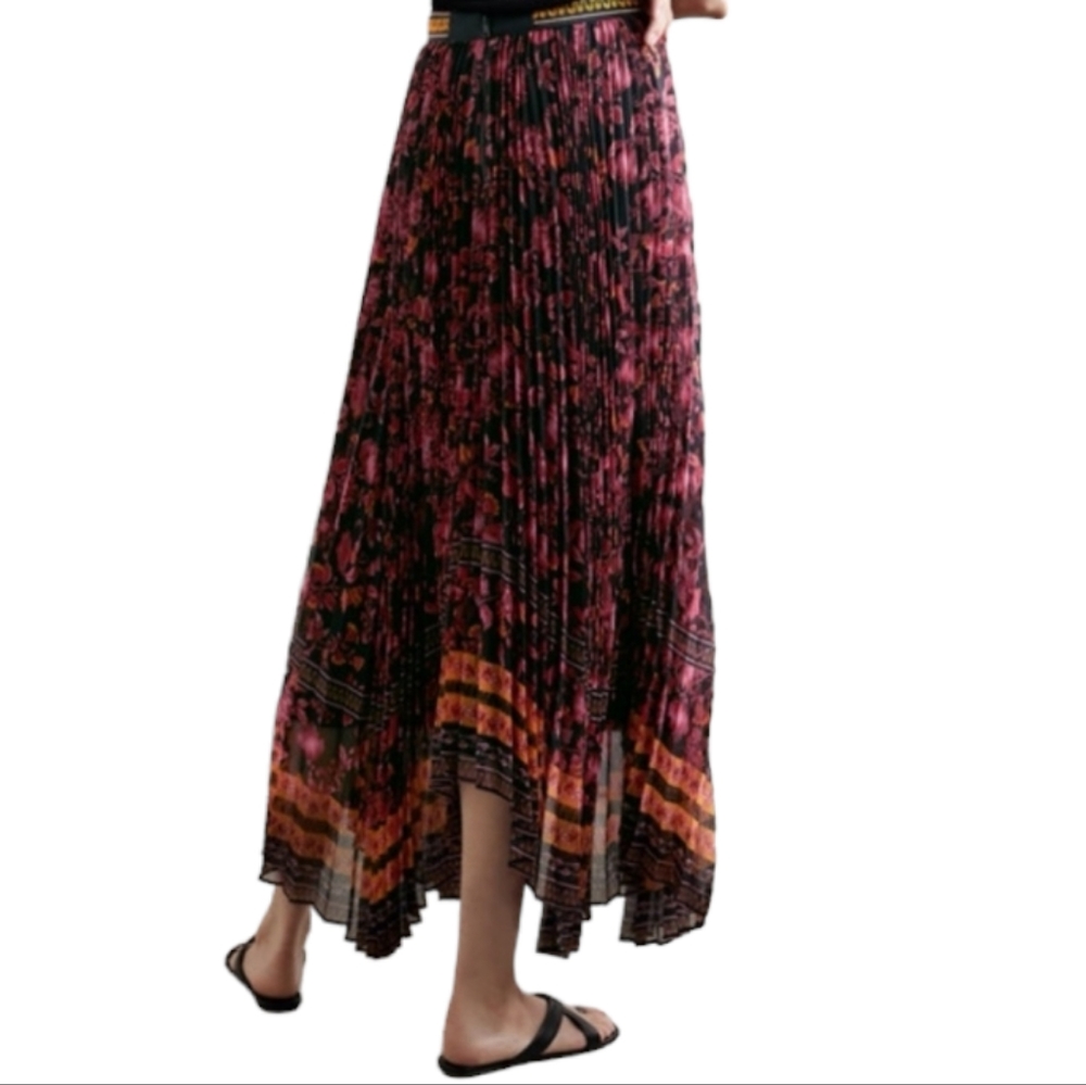 ALICE + OLIVIA Katz Asymmetrical Micro Pleated Silk Flowy Boho Maxi Skirt size 2 - Picture 2 of 10